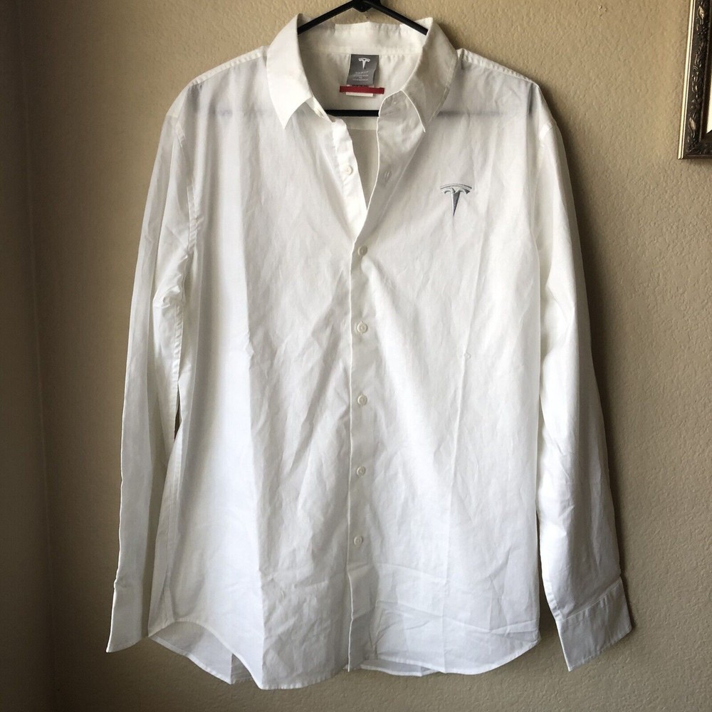 New Tesla Motors Men’s White L Stretch Fit Long Sleeve Casual Button Up Shirt